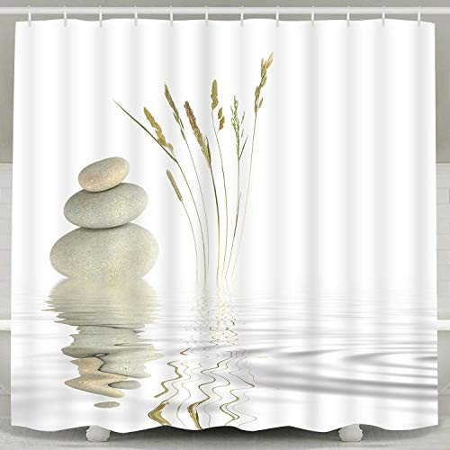 wanxinfu Shower Curtain Polyester Fabric Bathroom Curtain Set with Hooks Bath Decor Personalized Waterproof Curtains Zen Stone Wild Grass Reflection in Water 72 x 78