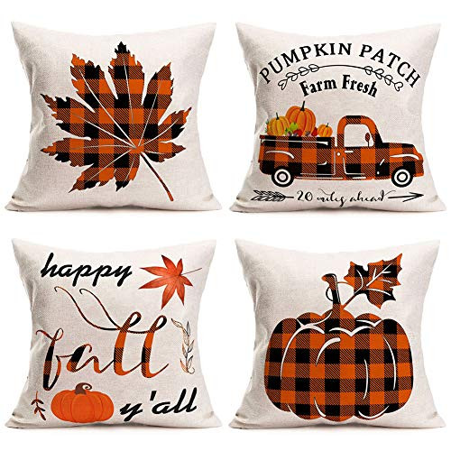 Fukeen 4 Pack Pumpkin Patch Farm Fresh Pumpkin Throw Pillow Covers Home Fall Buffalo Check Plaid Truck with Maple Leaf Autumn Harvest Decorative Pillow Cases Cotton Linen 18x18 Inch Thanksgiving Gifts Fukeen 4 Pack Pumpkin Patch Farm Fresh Pumpkin Throw Pillow Covers Home Fall Buffalo Check Plaid Truck with Maple Leaf Autumn Harvest Decorative Pillow Cases Cotton Linen 18x18 Inch Thanksgiving Gifts
