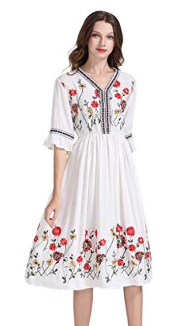 Womens Short Sleeve Mexican Embroidered Floral Pleated Midi Aline Cocktail Dress White M