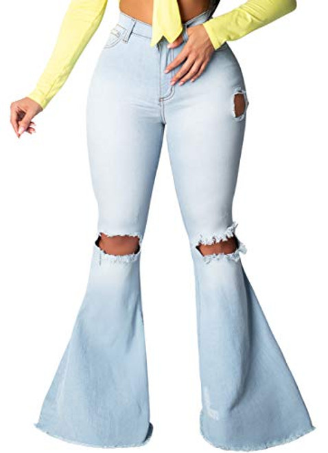 SeNight Flared Bell Bottom Jeans for Women Elastic Waist Ripped Jean Destroyed Raw Hem Denim Pants