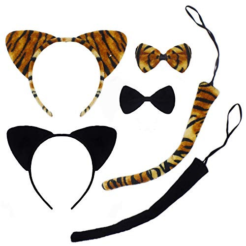 Halloween Cat Ears Headband Kitty Bow Tie Tail Women Girls Cute Hair Hoops Party Decoration Cosplay Costume Handmade Cat Headpiece Kitten Hair Band Accessories Set 2 Pack Black  Tiger