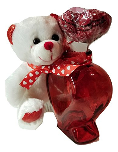 Greenbriar HeartShaped Red Glass VasesEmbroidered Red Heart Plush Sitting Bear with Tootsie Bunch Pops Gift Set