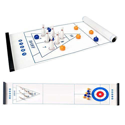 Jhua 3 in 1 Tabletop Curling Bowling Shuffleboard Game Set for Family Adults Kids Portable Tabletop Game Set with Curling Pin Bowling and Shuffleboard Educational Table Games for Indoor Office Sports
