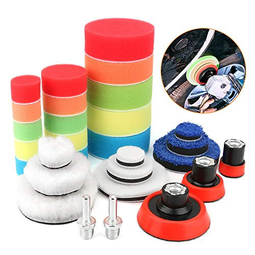 BestFire Car Buffing Pads for Drill 29pcs Car Foam Drill Polishing Pad Kit for Auto Car Polishers Sponge and Wool Polishing Pad Set with 2pcs M14 Drill Adapters for Car Polishing Sanding Waxing