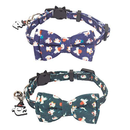 ADOGGYGO Halloween Cat Collar Breakaway with Bell Bowtie  2 Pack Kitten Collar Ghost Print Kitty Collar with Removable Bowtie Cat Bow tie Collar for Kitten Cat