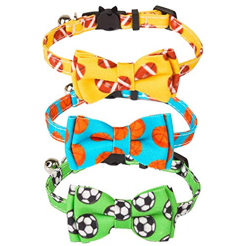 ADOGGYGO Cute Cat Collar Breakaway with Bowtie Bell  3 Pack Pet Kitten Collar Football Basketball Soccer Ball Print Kitty Collar with Removable Bowtie Cat Bow tie Collar for Kitty Cat