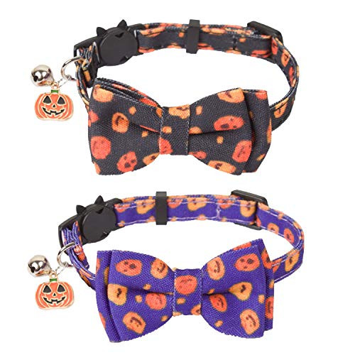 ADOGGYGO Halloween Cat Collar Breakaway with Bowtie Bell  2 Pack Kitten Collar Pumpkin Print Kitty Collar with Removable Bowtie Cat Bow tie Collar for Kitten Cat Pumpkin