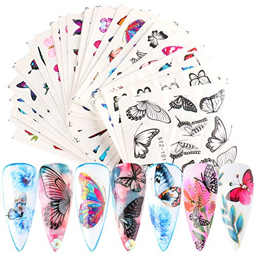 30 Sheets Butterfly Nail Art Stickers Water Transfer Nail Decals for Nails Supply Accessories Watermark DIY Colorful Butterflies Nail Art Foils for Nails Design Manicure Tips Decor