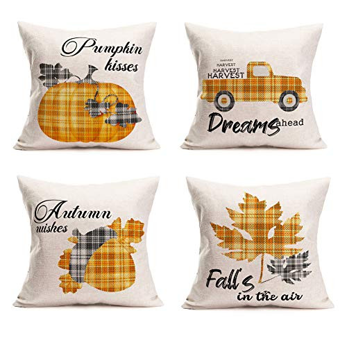 Xihomeli Pack of 4 Fall Harvest Decorative Pillow Covers Pumpkin Truck Filbert and Maple Leaves Cushion Covers Buffalo Check Plaid Pattern Cotton Linen Pillow Case 18x18 4ps Fall Harvest Xihomeli Pack of 4 Fall Harvest Decorative Pillow Covers Pumpkin Truck Filbert and Maple Leaves Cushion Covers Buffalo Check Plaid Pattern Cotton Linen Pillow Case 18x18 4ps Fall Harvest