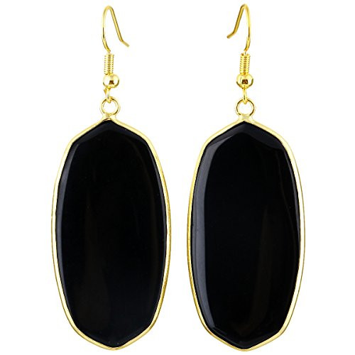 SUNYIK Womens Black Agate Oval Dangle Earrings Gold Plated