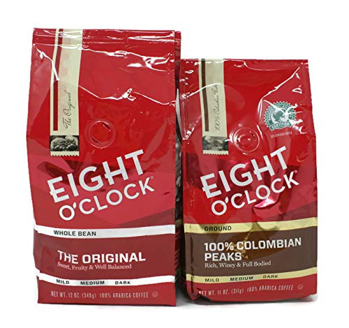 Variety Pack - Eight O Clock Whole Bean & Ground Coffee - The Original Whole Bean (12 Oz), 100% Colombian Peaks Ground Coffee (11 Oz)