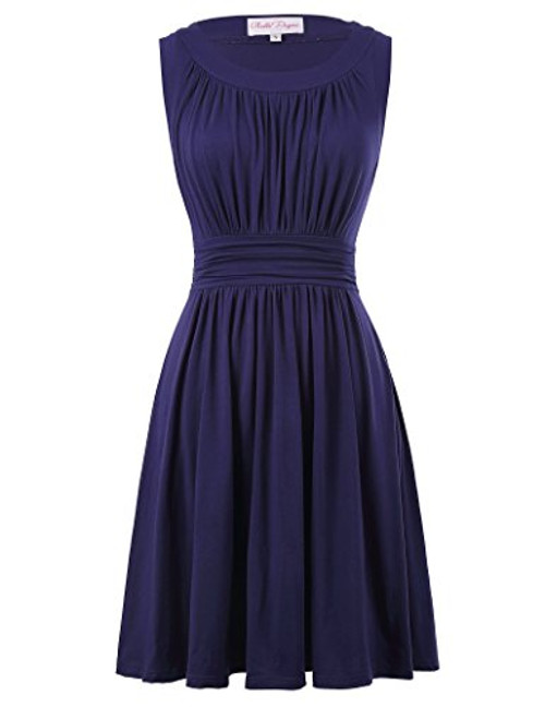 Belle Poque Cotton Pleated Evening Party Dress ALine Size L Navy Blue BP2893