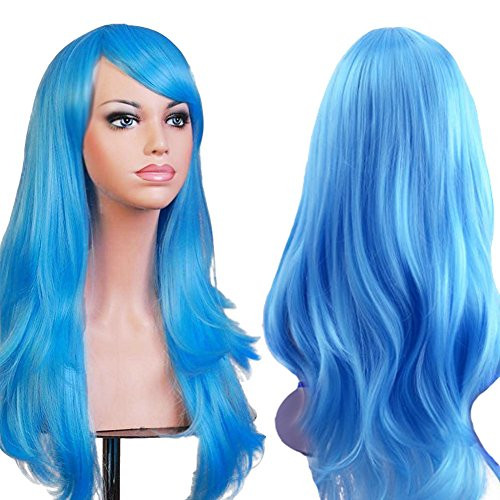 BERON 28 Classical Long Wavy Curly Cosplay Halloween Party Wig with Wig Cap Light Blue