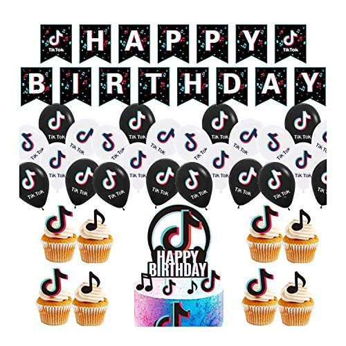 52pcs TIK tok Birthday Party Decoration Set Happy Birthday Music Note Garland Bnner Music Note Cake Topper Music Note Balloons