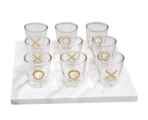 Refinery and Co. Tic-Tac-Toe 10-Piece Shot Set, Vintage Tabletop Games, 9 Shot Glasses and Marble Board, Drinking Game for Adults
