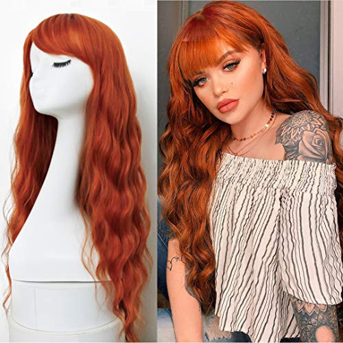 EVLYNN Orange Wave Wigs With Air Bangs Heat Resistant Synthetic Fiber Hair 24 Inches Long Curly Brown Glueless Wig Full Machine None Lace Front Wig EVLYNN Orange Wave Wigs With Air Bangs Heat Resistant Synthetic Fiber Hair 24 Inches Long Curly Brown Glueless Wig Full Machine None Lace Front Wig