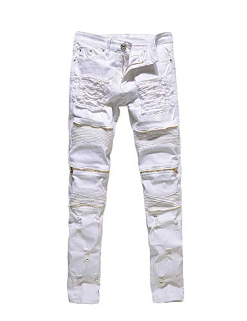 Rexcyril Mens Moto Biker Jeans Distressed Ripped Skinny Slim Fit Denim Pants with Zippers White W34