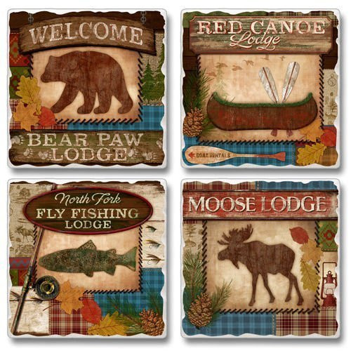 Lodge 'n Around Square Assorted Tumbled Stone Coaster Set of 4, Highland Graphics