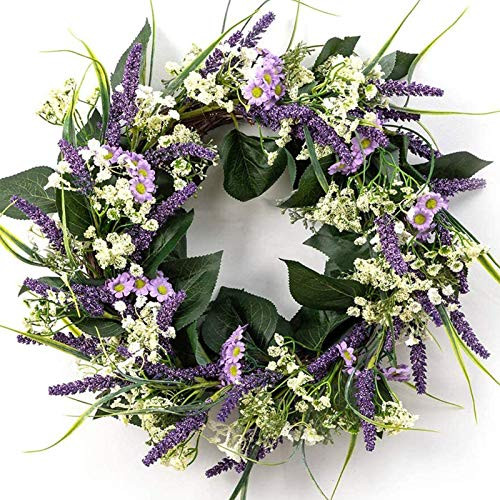 LOHASBEE Flower Wreath 22 Artificial Lavender Greenery Wreath Handcrafted Spring Wreath with Green Leaves for Front Door Decorations Wall Decor