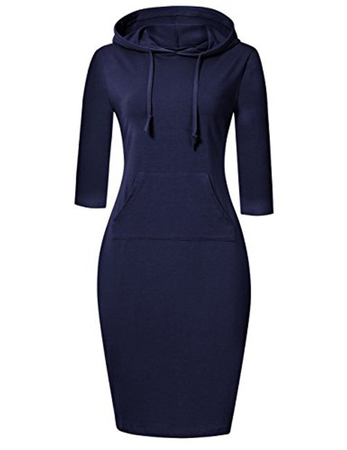 MISSKY Womens Pocket Knee Length Slim Sweatshirt Casual Hoodie Dress LNavy