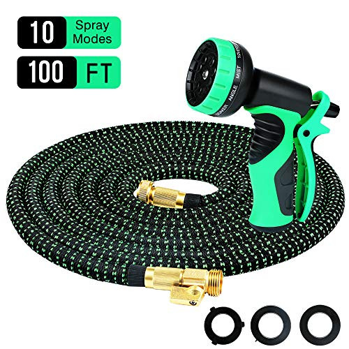 Powsure 100ft Garden HoseFlexible and Expandable Water HoseDouble Latex Core 34 Solid Brass Fittings Extra Strength Fabric NoKink Expanding Hose with Metal 10 Function Spray Nozzle