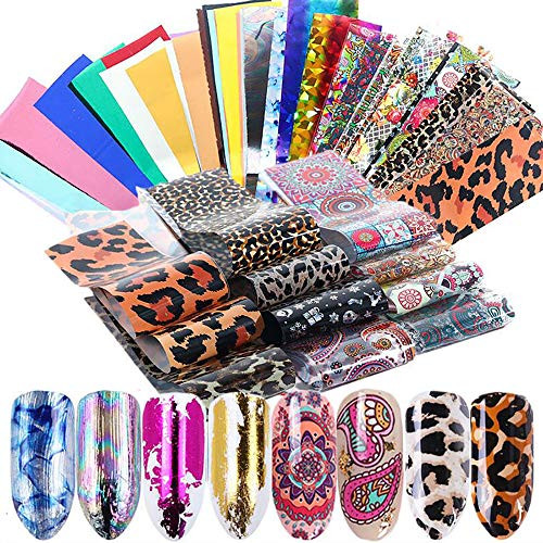 50 Sheets Holographic Nail Foil Transfer Stickers Mwoot Flower Leopard Metallic Lace Print Nail Art Sticker Tips Wraps Transfer Foil Starry Sky Patterns Nail Decals DIY Manicure Decoration Kit