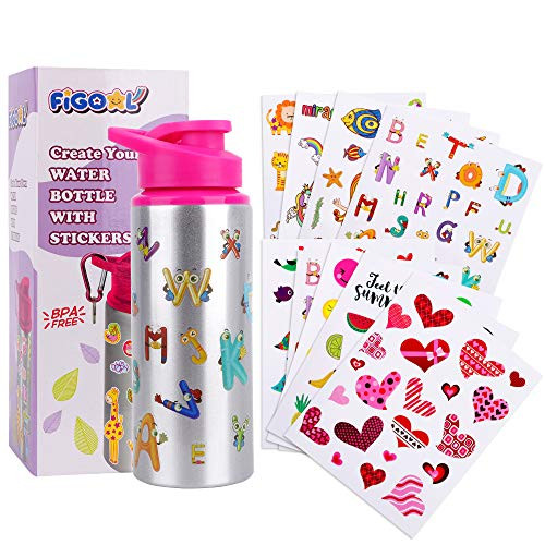 FiGoal Make Your Own Bottle with Assorted Designs Stickers DIY Decorate Your Own Water Bottle for Girls BPA Free 600 mL Kids Water Bottle DIY Art and Craft Set for Children