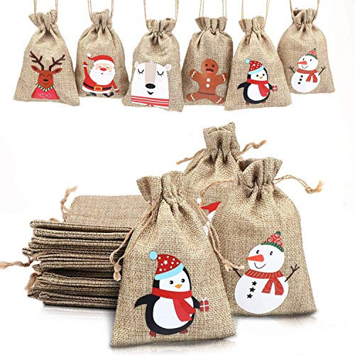 LOKIPA Christmas Jute Burlap Bags Xmas Jute Linen Burlap Drawstring Gift Treat Candy Bag for Xmas Favors 24