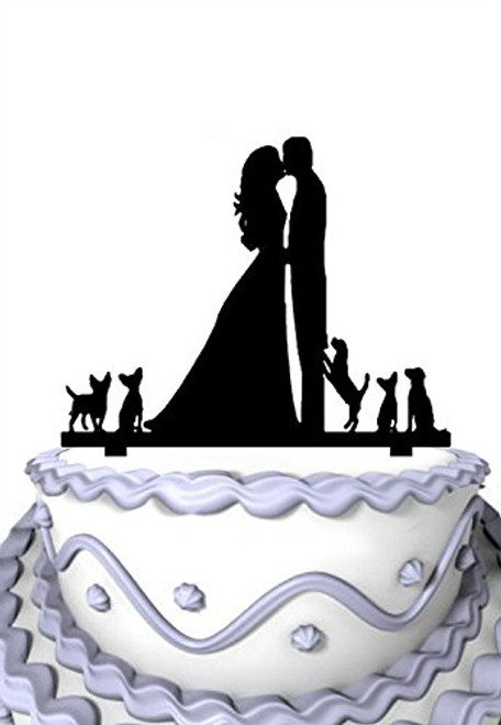 Meijiafei Wedding Cake Topper Silhouette Groom and Bride Kissing Couple with Five Dogs, Rustic Wedding Cake Topper