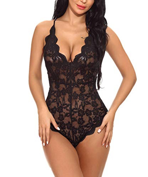 Buitifo Women Lace Bodysuit One Piece Babydoll Backless Mini Teddy V Neck Lingerie Black L