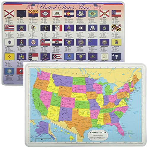 Painless Learning Educational Placemats USA Map and Stats Flags Set Non Slip Washable