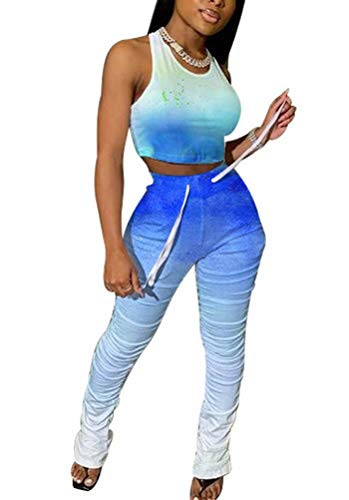 Women Summer Casual Two Piece Outfits Tie Dye Print Crop Top Shirt and Ruched Skinny Pant Tracksuit Set Loungewear Jumpsuit Blue Large