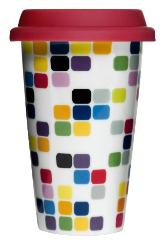 Sagaform Double Wall Porcelain Pix Take Away Mug with Drip Proof Silicone Lid Pix 85Ounce