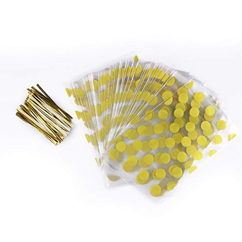Gold Polka Dot Clear Cello Bags 100 PCS with Gold Twist Ties 52 x 84 INCH Cellophane Treat Bags for Party Favor Candies and Cookies?Gold Polka Dots