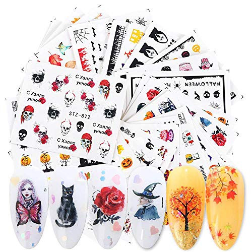 BFY Halloween Nail Stickers Foil Fall Nail Art Sticker Decals 24Pcs Witch Skull Witch Pumpkin Maple Leaf Cat Design Water Transfer Nail Art for Halloween Party Supply Acrylic Nail Art Supplies