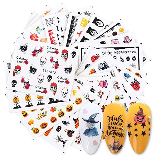 Halloween Nail Stickers Maple Leaves Fall Nail Art Stickers Decals Nail Art Supplies Halloween Design Maple Leaf Nail Sticker Skull Head Water Transfer Decal Manicure Wraps Tips Slider 24 Sheets