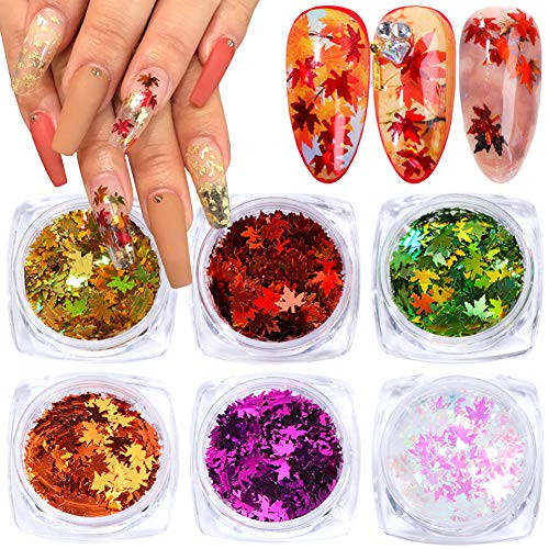 6 Colors Fall Nail Art Decals 3D Maple Leaf Nail Sequins Nail Art Supplies Autumn Leaves Glitter Nail Stickers Acrylic Nails Design Confetti Glitters Flakes Holographic Manicure Tips Decoration