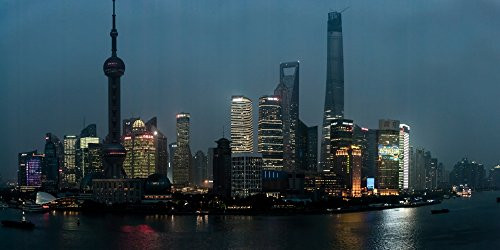Skylines at the waterfront at night Oriental Pearl Tower The Bund Pudong Huangpu River Shanghai China Poster Print 6 x 12