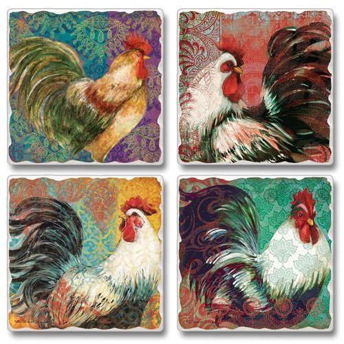 Fancy Pants Roosters Square Assorted Tumbled Stone Coaster Set of 4, Highland Graphics