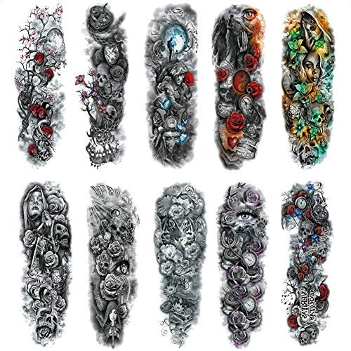 10 Sheets Realistic Full Arm Temporary Tattoos Extra Large Waterproof Removable Tattoo Arm Sleeves Extra Large Tattoos Body Stickers Fake Temp Tattoo Sticker for Men Women Kids L19xW7