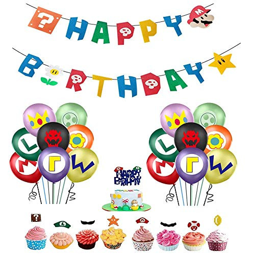 Super Mario Bros Birthday Party Supplies Party Decorations  Mario Happy Birthday Banner Mario Balloons and Mario Cake Toppers Kit