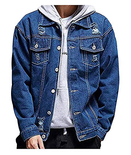 LifeHe Mens Distressed Ripped Denim Jacket Button Down Trucker Jean Coat Deep Blue M