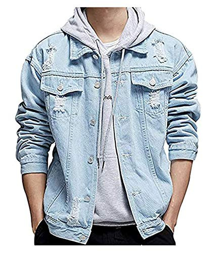 LifeHe Mens Distressed Ripped Denim Jacket Button Down Trucker Jean Coat Light Blue L