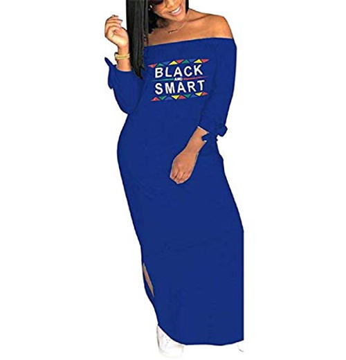 Women Plus Size Off Shoulder Long TShirt Loose Sides Split Letter Print Maxi Dress Long Sleeves with Bowknot Long Dress Blue 3XL