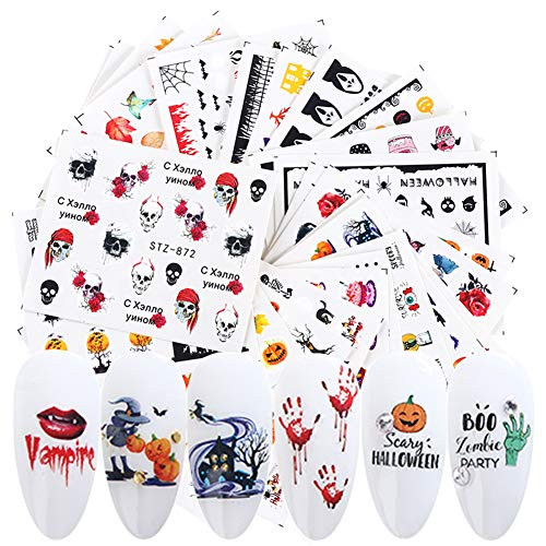 24 Sheets Halloween Nail Art Stickers Fall Nail Decals Maple Leaf Skull Witch Pumpkin Ghost Bat Nail Design Water Transfer Nails Sticker for Halloween Party Supply Manicure Tips Decorations