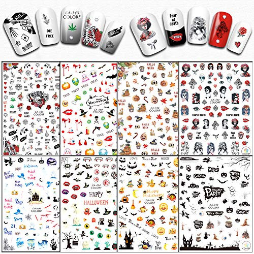 8 Sheets Halloween Nail Stickers 3D Nail Art Decals SelfAdhesive Skull Witch Pumpkin Cat Ghost Eye Bat Nail Design Stickers for Women Girls Halloween Party Favors Manicure Tips Decorations