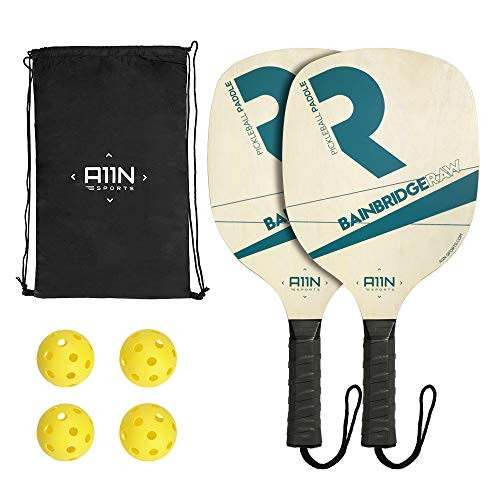 A11N Pickleball Paddle Set- Includes 2 Wooden Pickleball Paddles, 4 Pickleball Balls and a Drawstring Bag. Great Rackets for Beginners and School Students