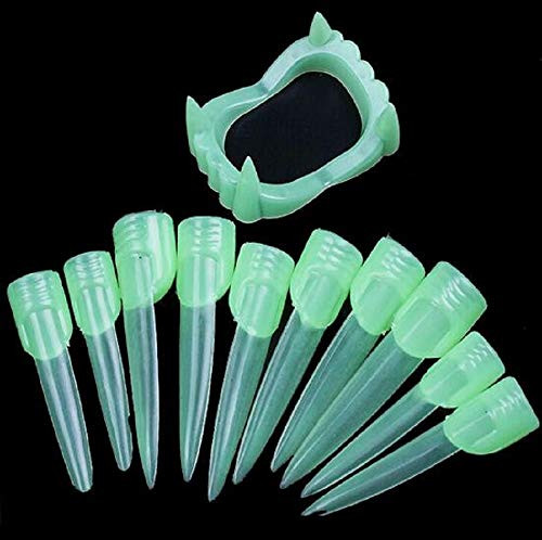 Halloween Witch Fingers Fake Nails Green GlowintheDark Spooky Witches Fingers  Vampire Teeth Halloween Props Costume Fingers for Halloween Cosplay Costume Party 10pcs Fake Nails and 1pcs Vampire Teeth