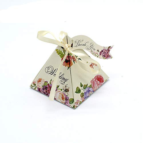 Gdeal Floral Wedding Gift Boxes Paper Candy Boxes Sweet Party Favour Decorative Treats Boxes with Ribbon Pack of 50 (Beige)