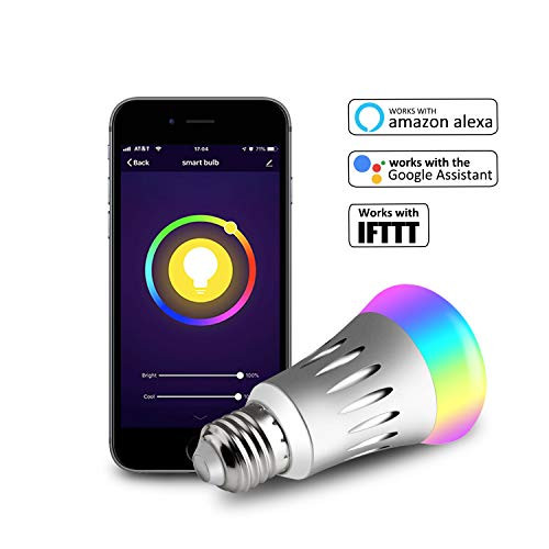 USHAWN Smart WiFi Light Bulb, LED RGBW Colors Changing, Dimmable, No Hub Required, Remotely Control, Timing Function, Work with Alexa/Google Assistant, E27 7W (1 Pack)